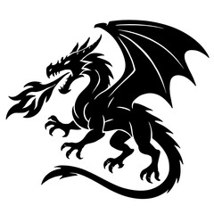Obraz premium Majestic Black and White Medieval Dragon Silhouette Vector Illustration - Powerful Mythical Creature with Wings and Flames, Perfect for Fantasy Designs, Gaming, and Creative Projects