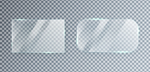 Glass panel transparent frames with shiny reflections. Modern web, UI design. Clean and elegant style. Gloss plate. Mirror. Plastic mockup. Digital button. Acrylic, plexiglass. Vector Illustration