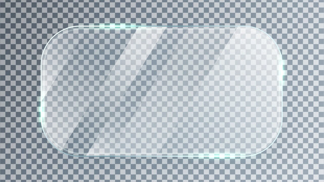 Glass rounded rectangle panel with shiny reflections and glowing edges. Clean and elegant design. Gloss plate. Mirror frame. Plastic mockup. Digital button. Acrylic, plexiglass. Vector Illustration