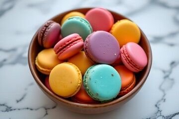 Obraz premium bowl of colorful macarons arranged on marble surface dessert photography