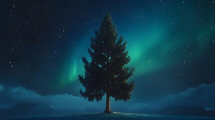 Fototapeta premium Solitary evergreen tree under a starry night sky with aurora borealis.