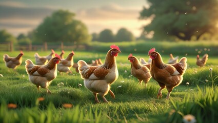 Fototapeta premium Free-Range Chickens Roaming in a Sunny Green Meadow