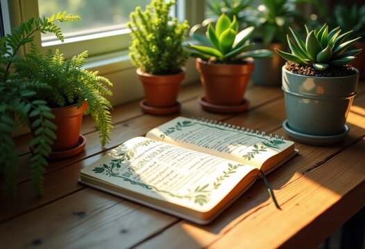 healthy journal featuring gratitude notes vibrant green plants reflecting wellness mindfulness, writing, nature, flora, lifestyle, floral, botanical, deco