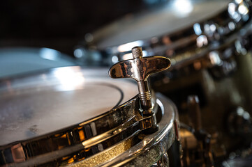 Naklejka premium Drum kit with cymbals on a stage in Huizingen, Flemish Brabant, Belgium