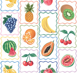 Cherry, agave, pineapple, apple, kiwi, orange, grape, banana, watermelon, lemon, papaya fruits in the frames seamless pattern.. Summer boho wallpaper.