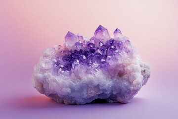 A captivating cluster of amethyst crystals, exhibiting deep purple hues against a soft, pastel gradient background, radiating natural beauty.