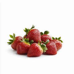 A cluster of ripe, red strawberries with green leaves against a white backdrop