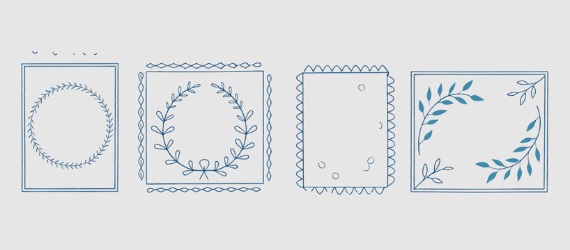 Set of Merry Christmas whimsical hand-drawn blue orange green color frames with wavy squiggle curly ribbons in trendy, vintage styles. Perfect for quirky holiday, Christmas invitation, greeting card.