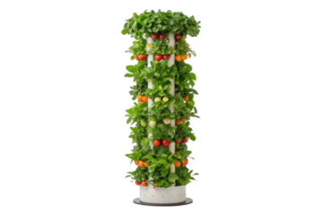 PNG Vertical hydroponic tower garden with fresh vegetables and lush greenery