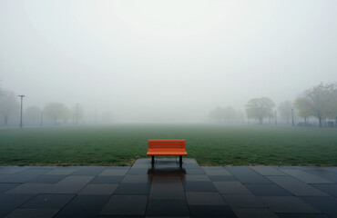 Orange bench in foggy urban landscape with green field.
