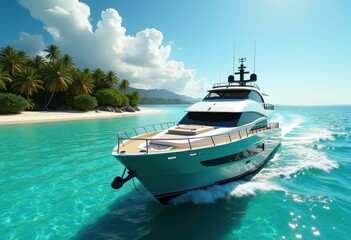 Fototapeta premium luxury yacht gliding through tropical paradise crystal blue waters lush green island exotic vibes sandy beach relaxation, vacation, cruise, coastline, sea