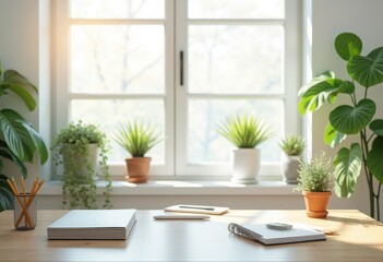 Fototapeta premium minimalist workspace organized supplies plants calm atmosphere productivity space clean design bright room, minimalism, office, desk, stationery, aesthetics