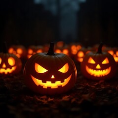 Many carved pumpkins, lit from within, are arranged in a dark outdoor setting. 
