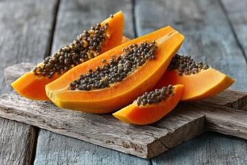 Sweet orange papaya slices arranged on rustic wooden surface ready for tasting