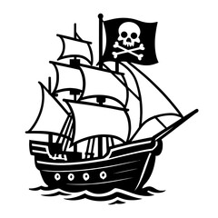 Classic Black and White Pirate Ship Vector Illustration: Detailed Sailing Vessel Graphic for Adventure, Nautical, and Maritime Design Projects