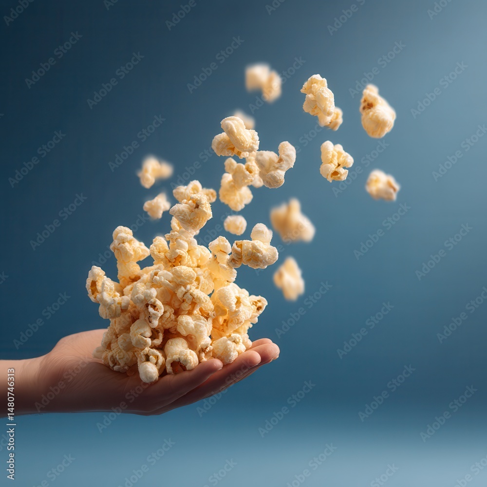 Aufkleber Hand holding popcorn against a blue background, some kernels are floating in the air. A fun and casual snack concept.