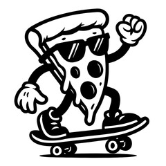 Black and White Illustration of a Cartoon Skateboarding Pizza - Graphic Element for Food, Fun, or Design Themes