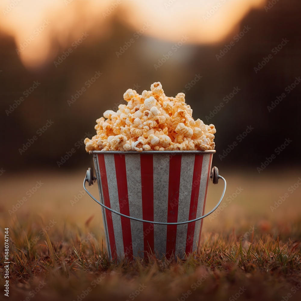 Poster a delightful bucket of popcorn is perched on the grassy ground against a blurred background, invitin