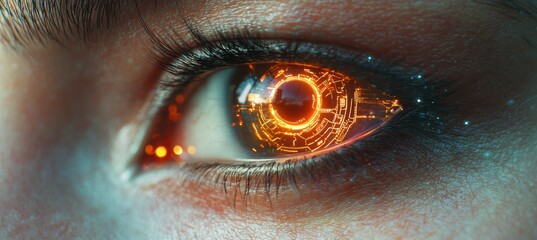 Human eye showcasing cybernetic enhancements in vibrant orange glow