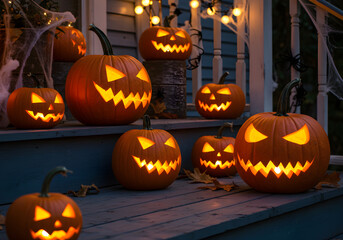 Fototapeta premium A spooky and festive display of glowing jack-o'-lanterns on a porch, perfect for Halloween celebrations.
