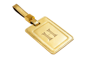 PNG Elegant gold leather luggage tag with engraved initials on black background