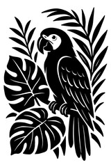 Obraz premium Spirit of The Tropics: An Illustration Featuring a Macaw Among Tropical Leaves, Representing Exotic Birds, Jungle Animals, Nature, Or The Captivating And Beautiful Wildlife Found In Tropical Rainfores