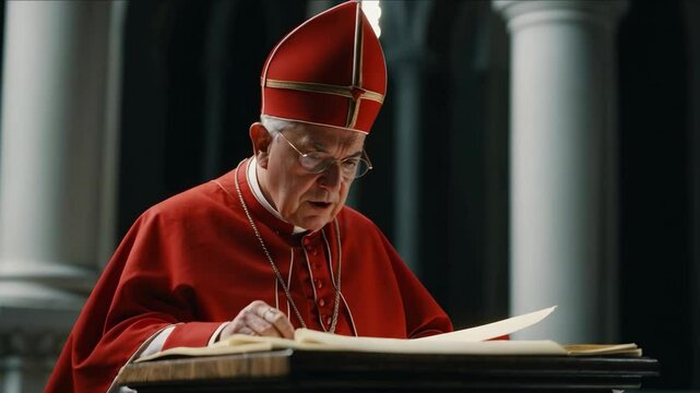 Catholic cardinal standing by the altar, holding a folded ballot as he prepares to cast his vote during the papal conclave. 