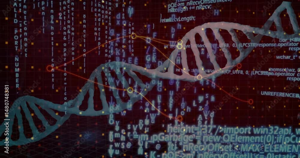 Poster dna double helix weaving through virtual red grid, glowing data points linking curved nodes