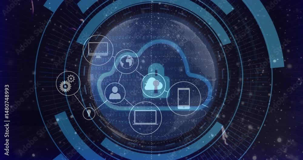 Poster Cloud icon with padlock locking data while network lines connecting icons across binary globe HUD