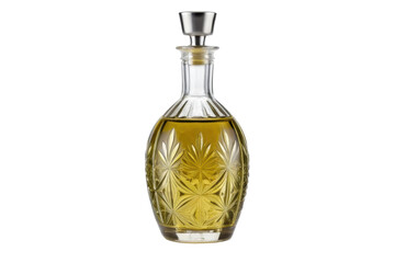 PNG Elegant crystal decanter filled with olive oil featuring intricate leaf design