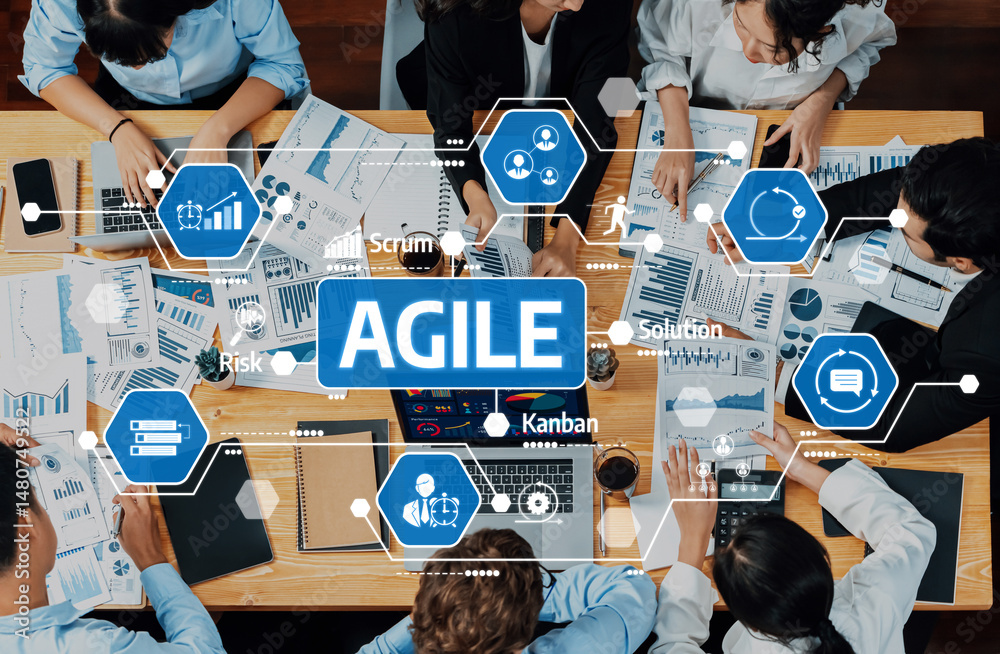 Poster a dynamic team collaborates on agile methodology, analyzing charts and employing digital tools for e