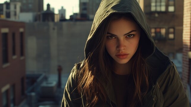 Young woman in hooded jacket on rooftop urban cityscape background