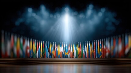 International Flags Illuminated on Stage, Global Unity Concept