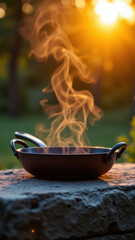 Skillet on stone with steam rising into sunset sky.