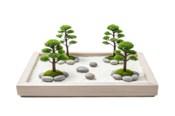 PNG Miniature zen garden with model trees and stones on white sand