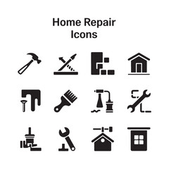 Home Renovation and Repair Icon Set Vector – Black Silhouettes for DIY and Contractor Tools