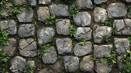 Obraz premium Ancient cobblestone pathway adorned with green moss in spring