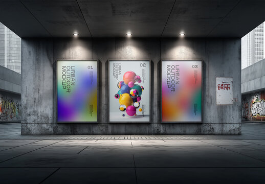 Urban Lightbox Poster Mockup Set &ndash; Realistic Nighttime Outdoor Advertising Display with Graffiti Wall Background and Dramatic Lighting