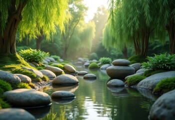 serene zen garden tranquil stones lush greenery peaceful landscape relaxing outdoor space calm environment, input, oasis, fountain, pathway, blooming, plant