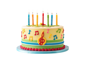 PNG Colorful music-themed birthday cake with lit candles