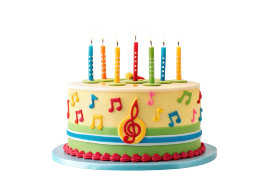 PNG Colorful music-themed birthday cake with lit candles