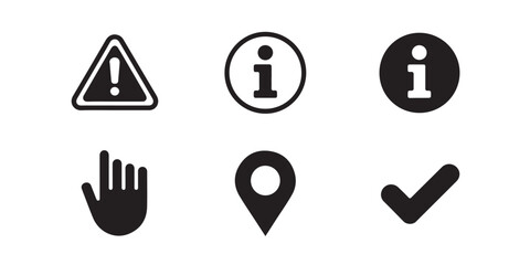 Universal Symbol Icon Set Vector – Black Silhouettes of Warning Signs, Info Icons, Help, Location Pins, and Check Marks