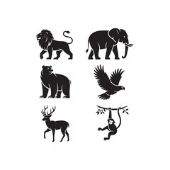 Wild Animal Icon Set Vector – Black Silhouettes of Lions, Elephants, Deer, Bears, Eagles, and Monkeys