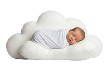 PNG Sleeping infant wrapped in white blanket on cloud-shaped pillow