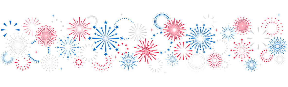 4th of July border, USA banner, fireworks pattern background