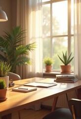 sunlit workspace organized planning tools productivity workspace office natural light workspace environment, furniture, sunlight, organization, music