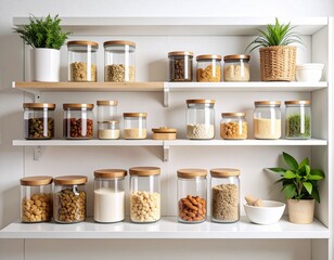 Organized pantry scene with matching glass containers, bamboo lids, labeled in minima
