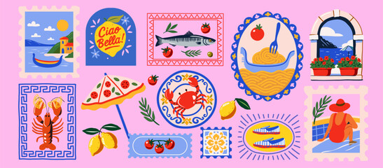 Fototapeta na wymiar Bright vector set with Mediterranean motifs: pasta, lemons, fish, lobster, crab, tomatoes, sandals, wine, coastal views, decorative tiles, pizza umbrella, stamps, and summer elements