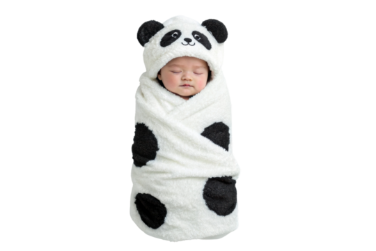 PNG Caucasian baby swaddled in adorable panda costume sleeping peacefully