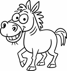  Funny cartoon horse.A black and white coloring book featuring a smiling cartoon horse with big eyes. It is perfect for children's coloring books, educational materials and funny illustrations. 